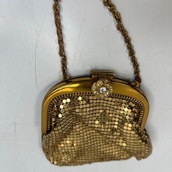 Vintage Women's Whiting and Davis Gold Mesh Coin Purse Rhinestone Clasp Chain - Picture 2 of 5